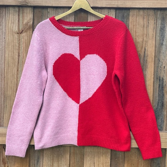 Cupcakes & Cashmere Size XL Pink Red Heart Colorblock Pullover Sweater - Picture 1 of 5